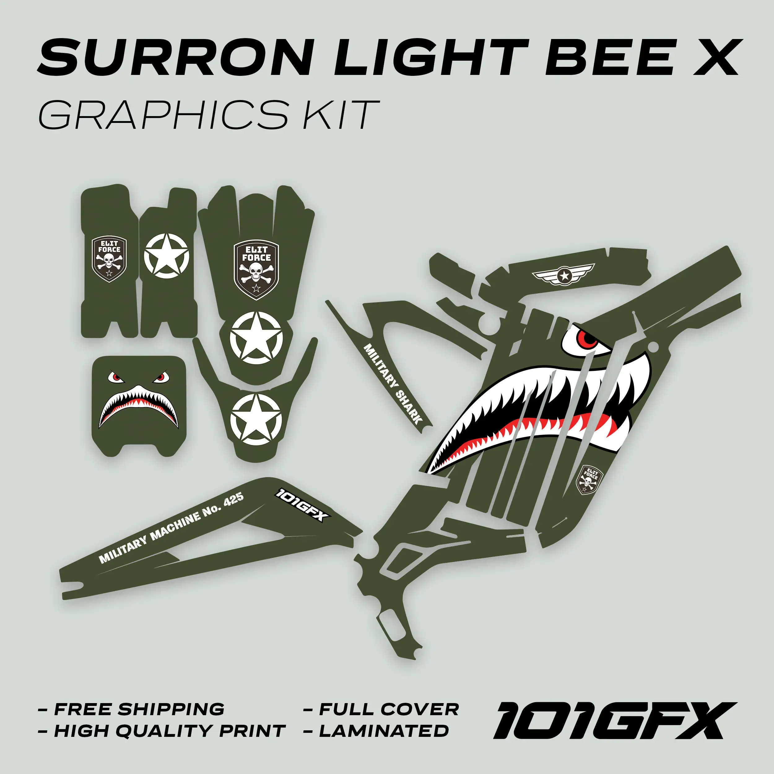 Surron Light Bee X Graphics Kit MILITARY SHARK OLIVE Decals Stickers Laminated Army Tiger Air Force Sur-Ron L1E eBike Emoto - view 2
