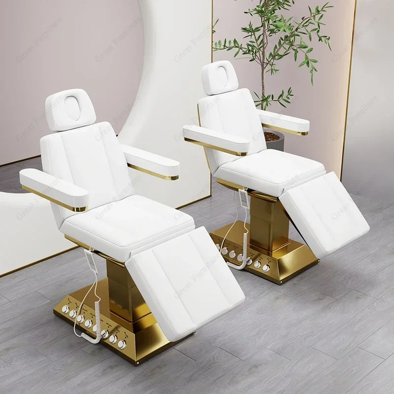 Luxo branco couro do plutônio mesa de massagem elétrica ouro base aço inoxidável massagem facial beleza spa cama com 4 motores