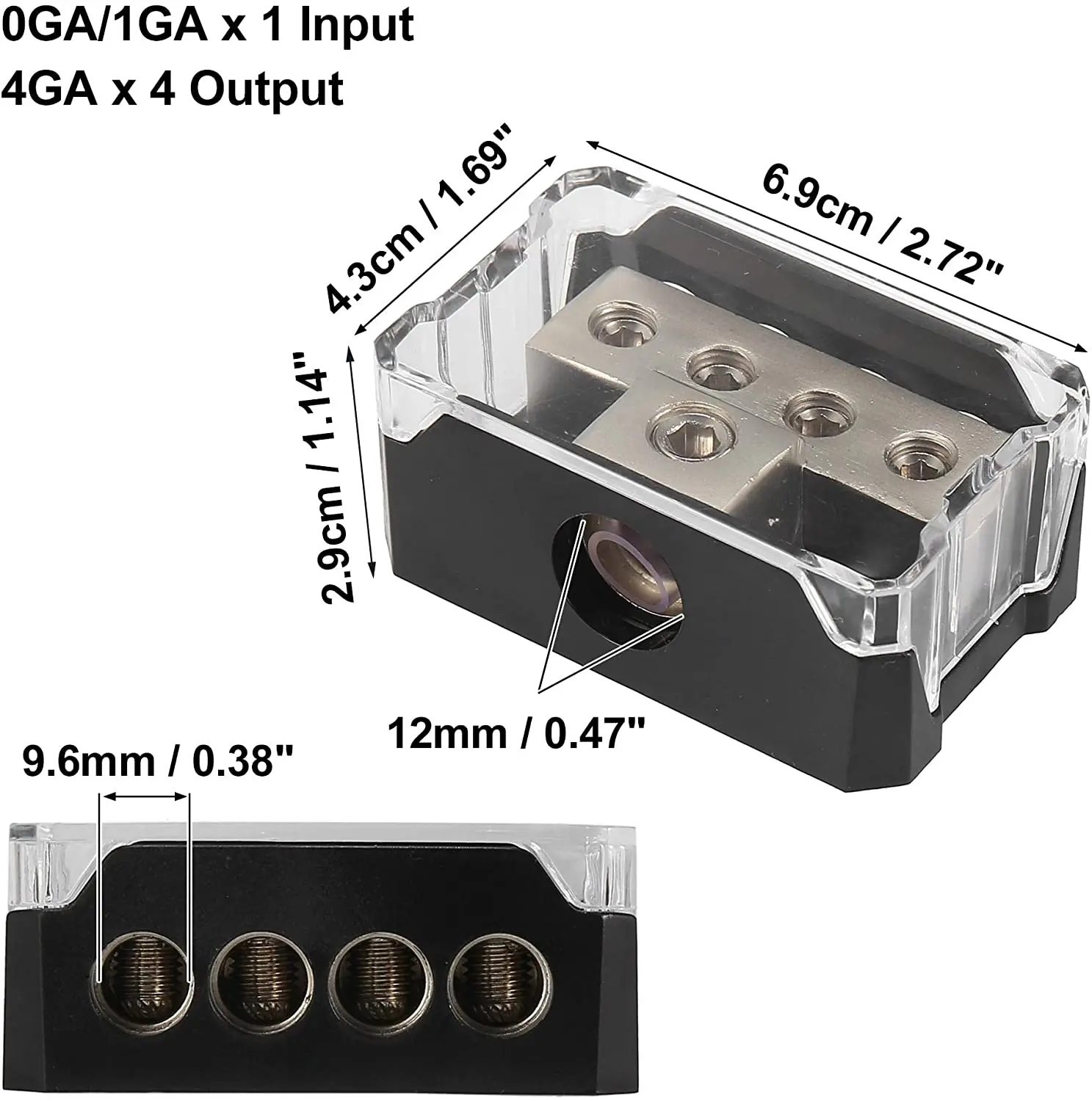 4 Way 1x 0/2/4 AWG Gauge in / 4X 4/8/10 Gauge Out Amp Power Distribution Ground Distributor Connecting Block