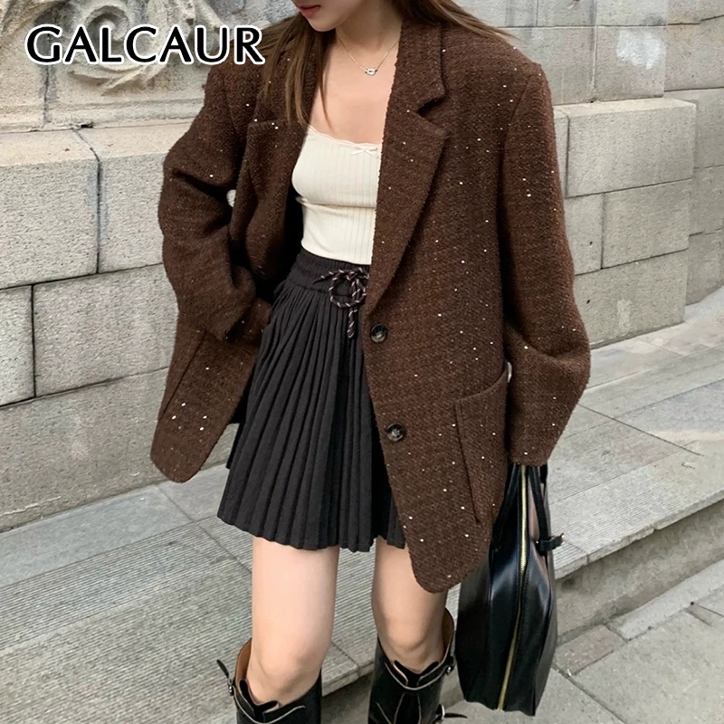 

GALCAUR Sequins Design Loose Women Blazer Noted Collar Long Sleeve Spliced Single Button Autumn New Office Jacket Female Fashion