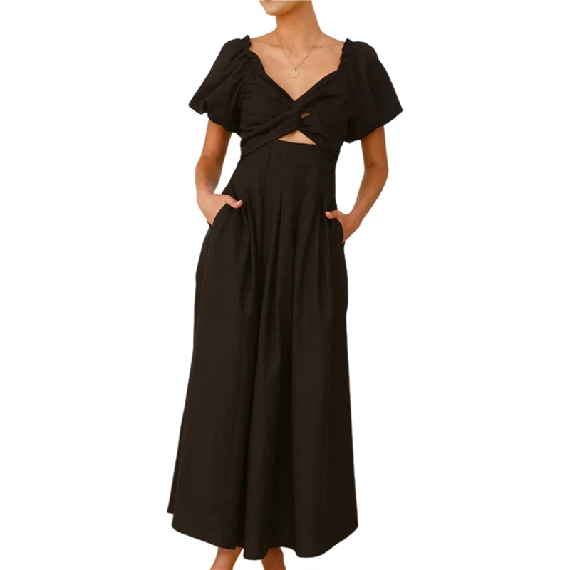 Women's Summer Boho Maxi Dress V-Neck Cute Bubble Short Sleeve A-Line Long Dress With Pocket