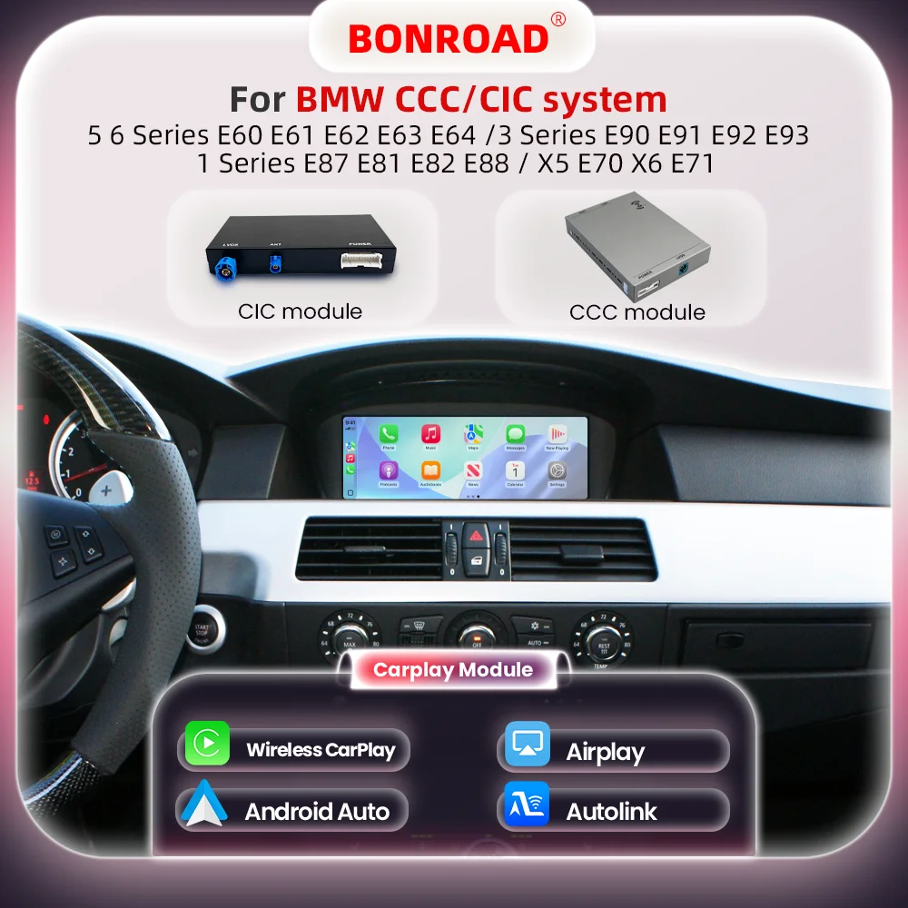 BONROAD CarPlay Android auto dla BMW 5 3 serii E60 E61 E62 E63 E64 E90 E91 E92 E93 E87 E81 E82 E88 E84 CCC system CIC