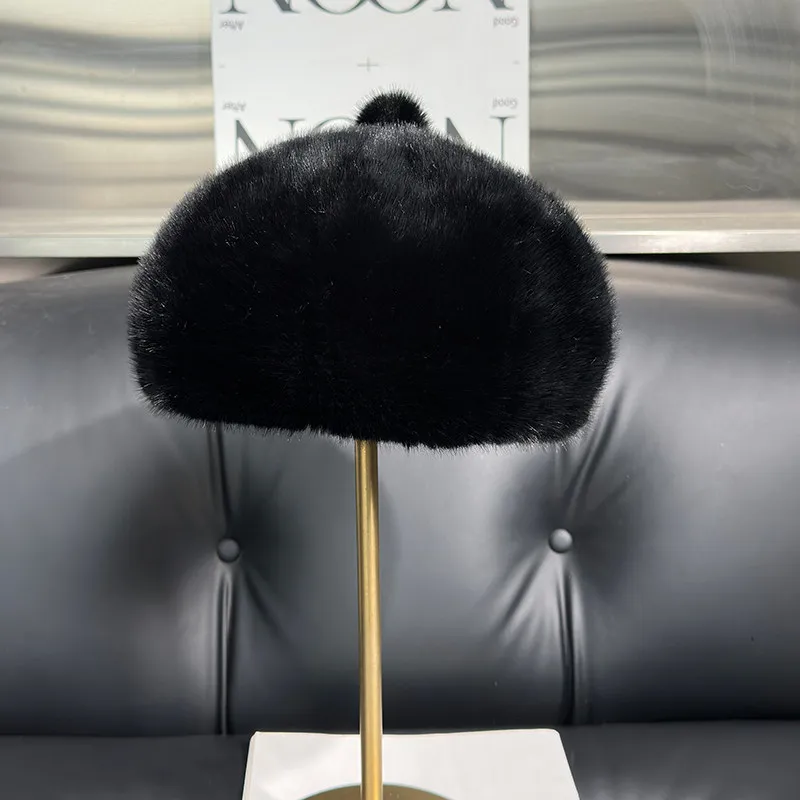 Damen Kunstfell-Baskenmütze Achteckige Russische Mütze Herbst Winter Warme Flauschige Mützen Niedliche Winterhüte Modischer Schlankmachender Kopfschmuck – Detail 3
