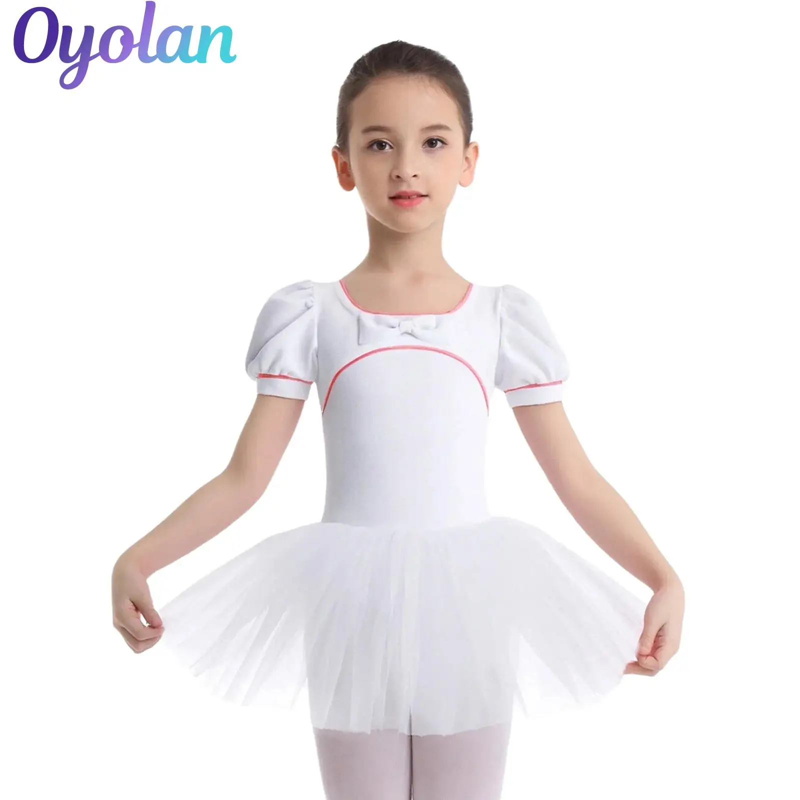 

Kids Girls Ballerina Tutu Costume Gymnastics Leotard Ballet Skirted Dresses Bow Short Puff Sleeves Velvet Performance Costume
