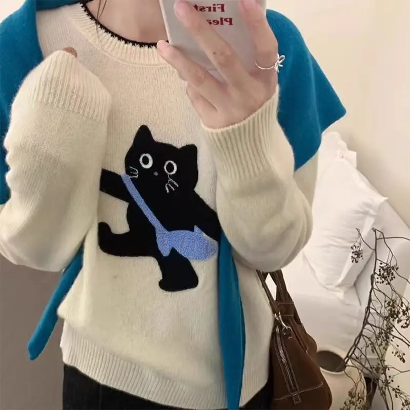 

Korean Preppy Style Cartoon Cat Jacquard Vest Sweater Women Pullover O Neck Sleeveless Vest Women Windproof Knit Jumper Y2k Top