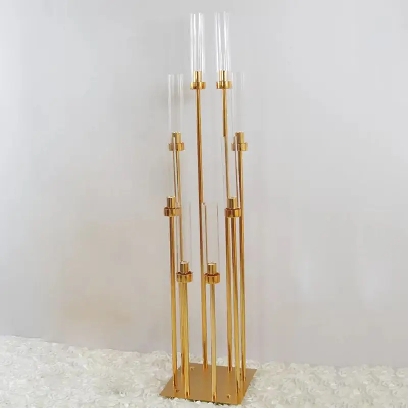 5/10 pcs 8 Heads Metal Candelabra Candle Holders Road Lead Table Centerpiece Gold Candelabrum Stand Pillar Candlestick wedding