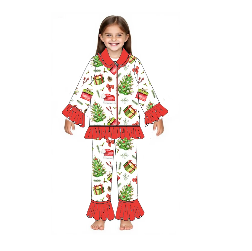 

Merry Christmas Kid Pajamas Red Pajama Set Wholesale Girls Lace Pyjamas Set Long Sleeve Boys Sleepwear