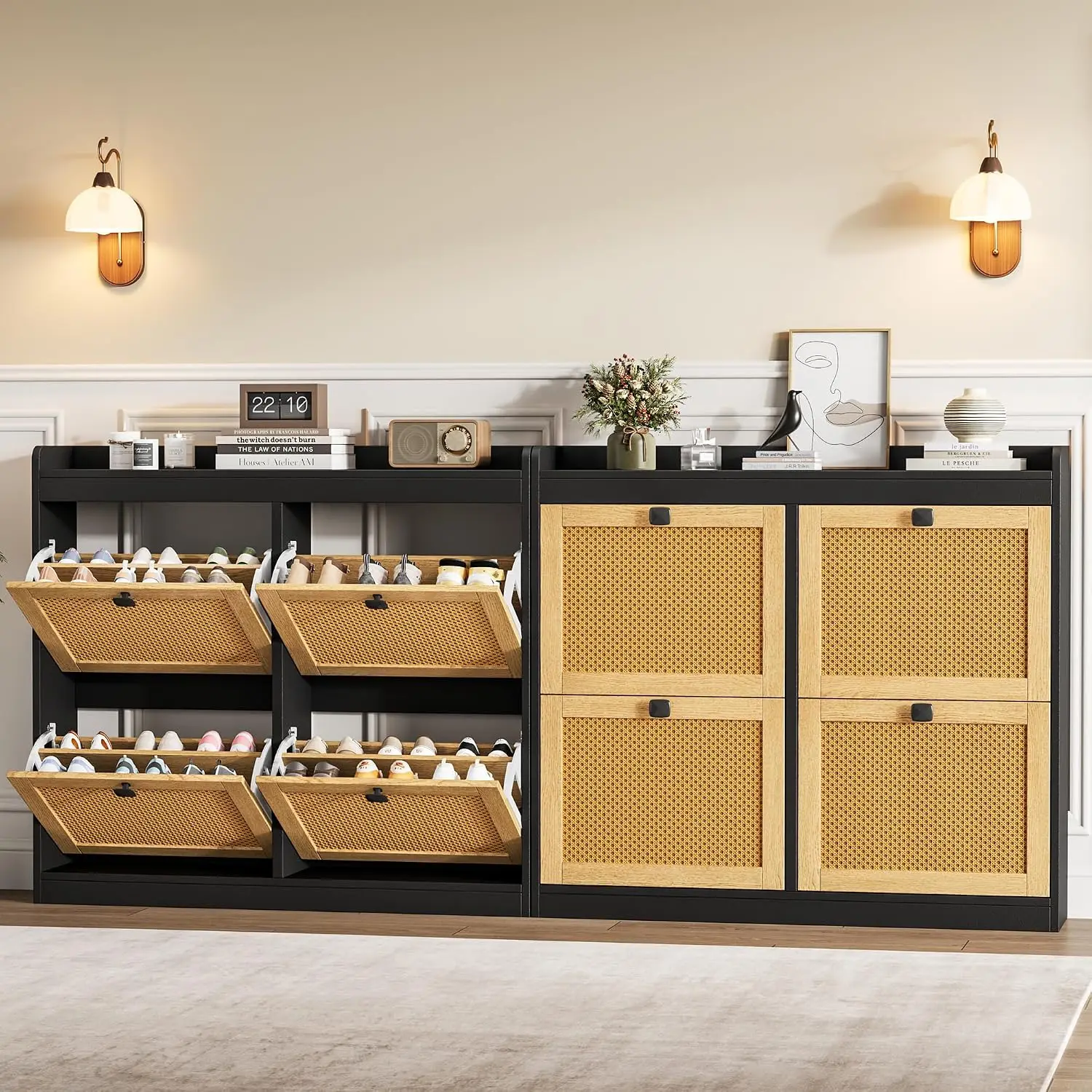 Shoe Cabinet 4 Flip Drawers Rattan Door Adjustable Shelf Entryway Hallway Black 2PCS, Customized