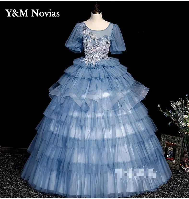 

Puff Sleeve Tiered Blue Sweet 16 Quinceanera Dress 2022 O Neck Appliques Sequins Flowers Princess Party Gown Vestidos De 15 Anos