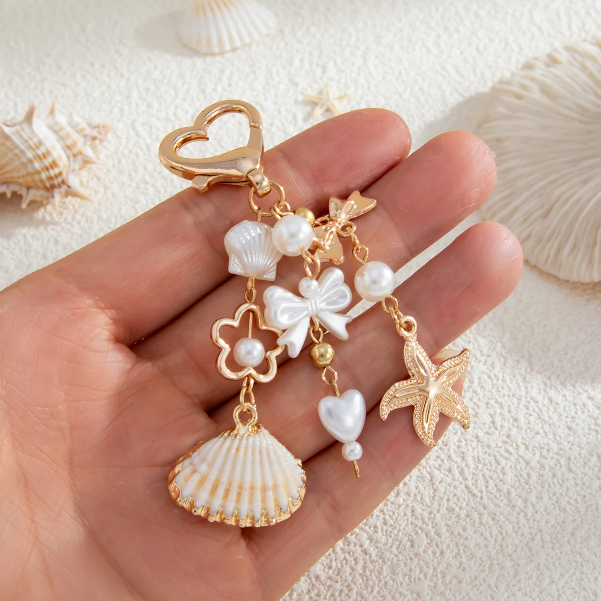 SHIXIN Boho Starfish Scallop Love Keychain Acrylic Bowknot Flower Imitation Pearl Bag Pendant Key Chain Anti Loss Phone Chain