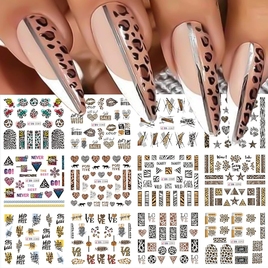 12 pezzi adesivo per nail art con stampa leopardata striscia di animali selvatici cuore d'amore cursore in pelle di tigre geometria tatuaggio manciure adesivo acqua BEBN