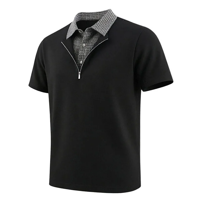 Men's Fake Two Piece Plaid Collar Polo Shirt Zip Short Sleeve Casual Golf Shirt for Summer