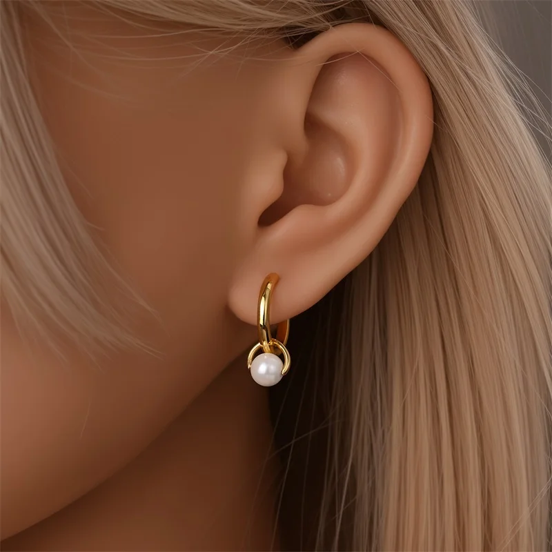 Hot Sales 925 Sterling Silver Golden Geometric Pearl Pendant Hoop Earrings For Women Fine Birthday Anniversary Jewelry Gifts