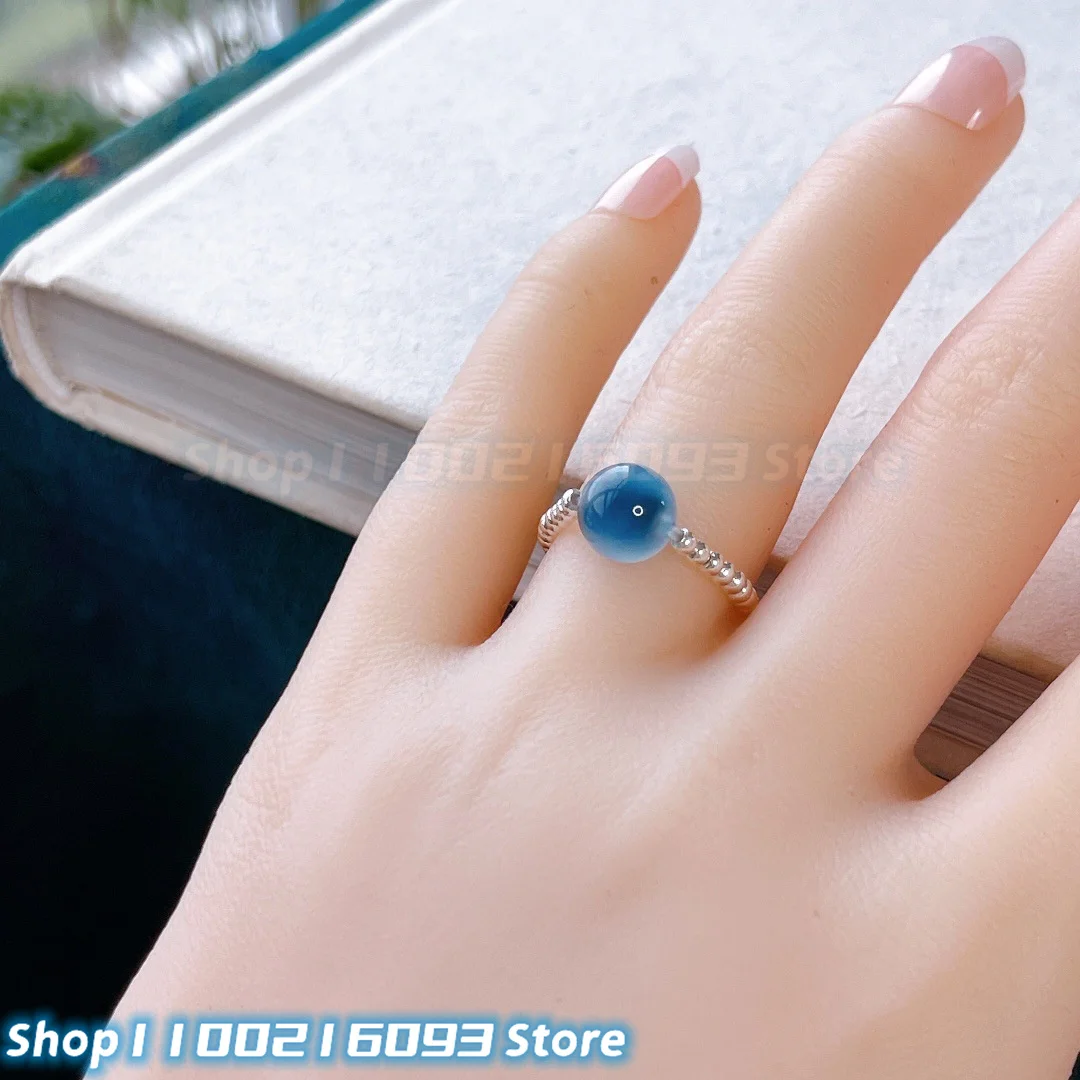 Sky Blue Sugar Heart Agate Jade Round Beads Ring Matching S925 Bean Curd Simplicity Small Fresh Hand Ornaments Fine Jewelry