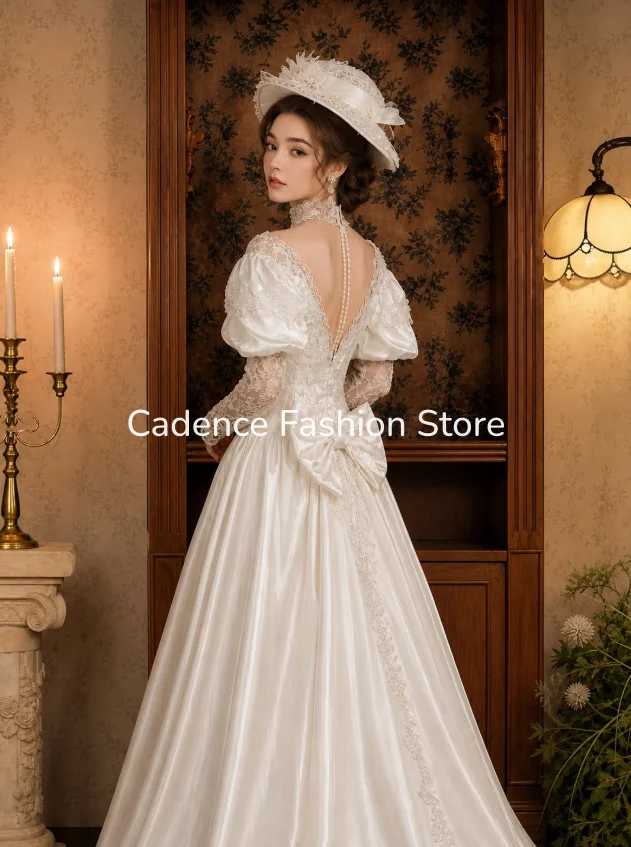 Victorian Satin Wedding Gown Puffy Short Sleeves Lace Appliques Off Shoulder Vintage Bride Dress Customized платье свадебное