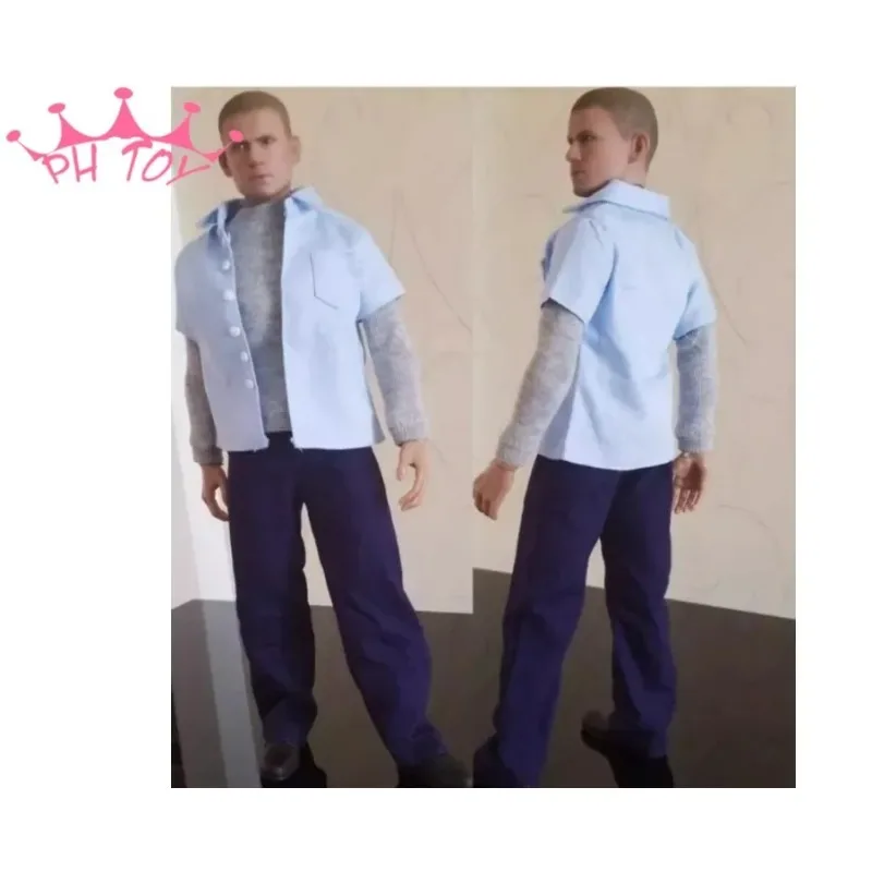 

1/6 Sclae Male Actor Jail Uniform Blue Shirt Pants Gray T-shirt Set Clothes Model for 12" Soldier Action Figure Body Doll Hobby