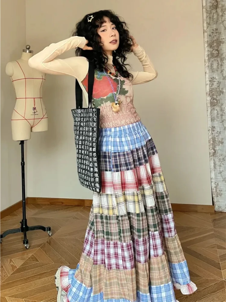 

Japanese Sweet Plaid Long Skirt Women Autumn New Elastic Waist A-line Pleated Ruffled Skirts Vintage Versatile Faldas