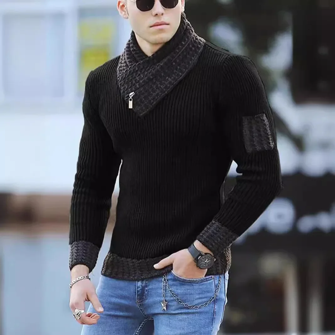 Pullovers Men Scarf Collar Knitted Full Sleeve Sweaters Casual Regular Tops Splice Knit Top Thick Slim Fit Autumn Winter