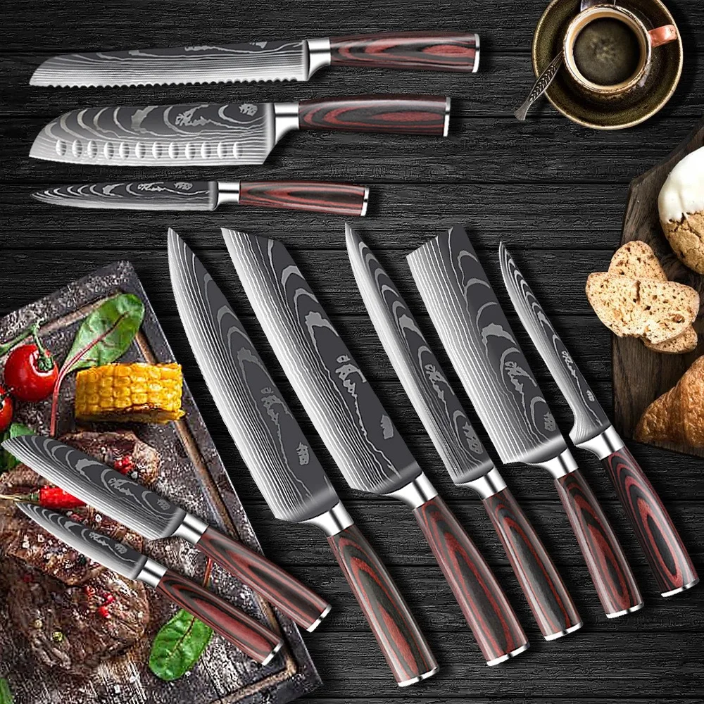 XITUO Chef knife Set 1-10Pcs Kitchen Knives Laser Damascus Pattern Ultra-Sharp Santoku Knife Cleaver Slicing Utility Fruit Knife