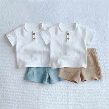 1-6Years Summer Boys Clothes Set Solid Color Organic Cotton Top + Shorts 2Pcs Kids Baby Clothes 1