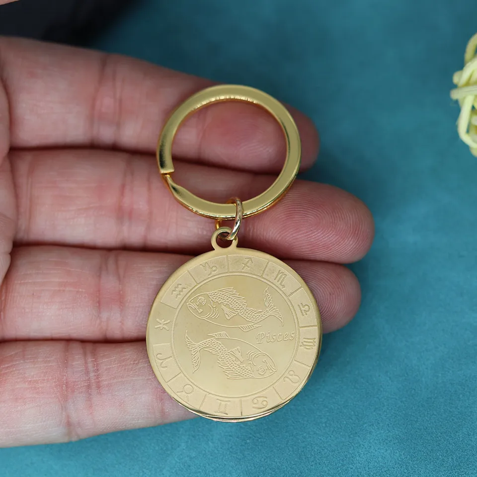 Pisces Gold Keychain Zodiac Pisces Keychain Stainless Steel Gold Silver