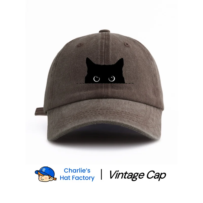 1 pc Black cat Print Washed Baseball Cap, Classic Casual Stylish Vintage Soft Sweatband Adjustable Size Lightweight