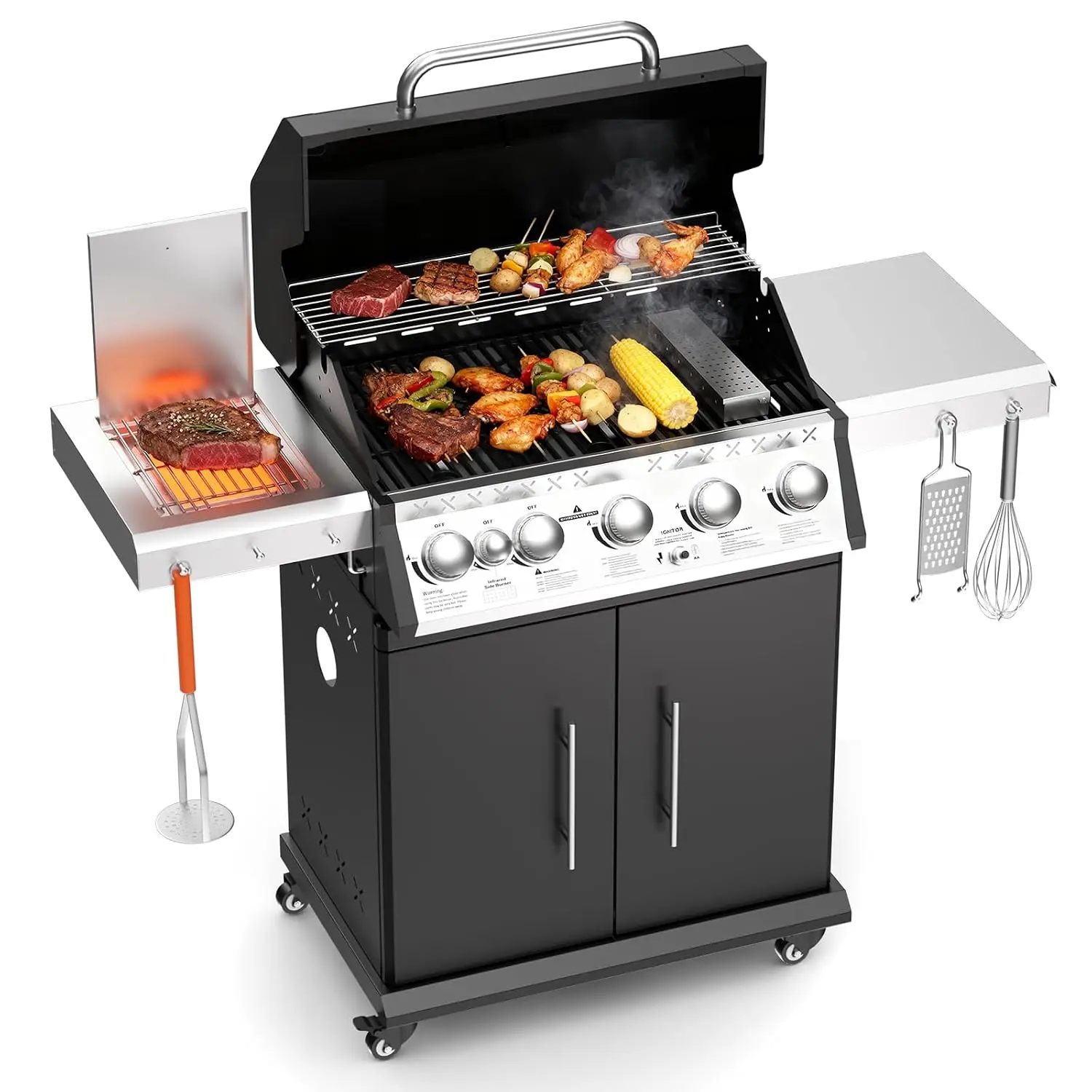 5 Burner BBQ Grill with Infrared Side and Rear Burners, Gas Grill with Cast Iron Grates, Outdoor Barbecue Grill, Customized
