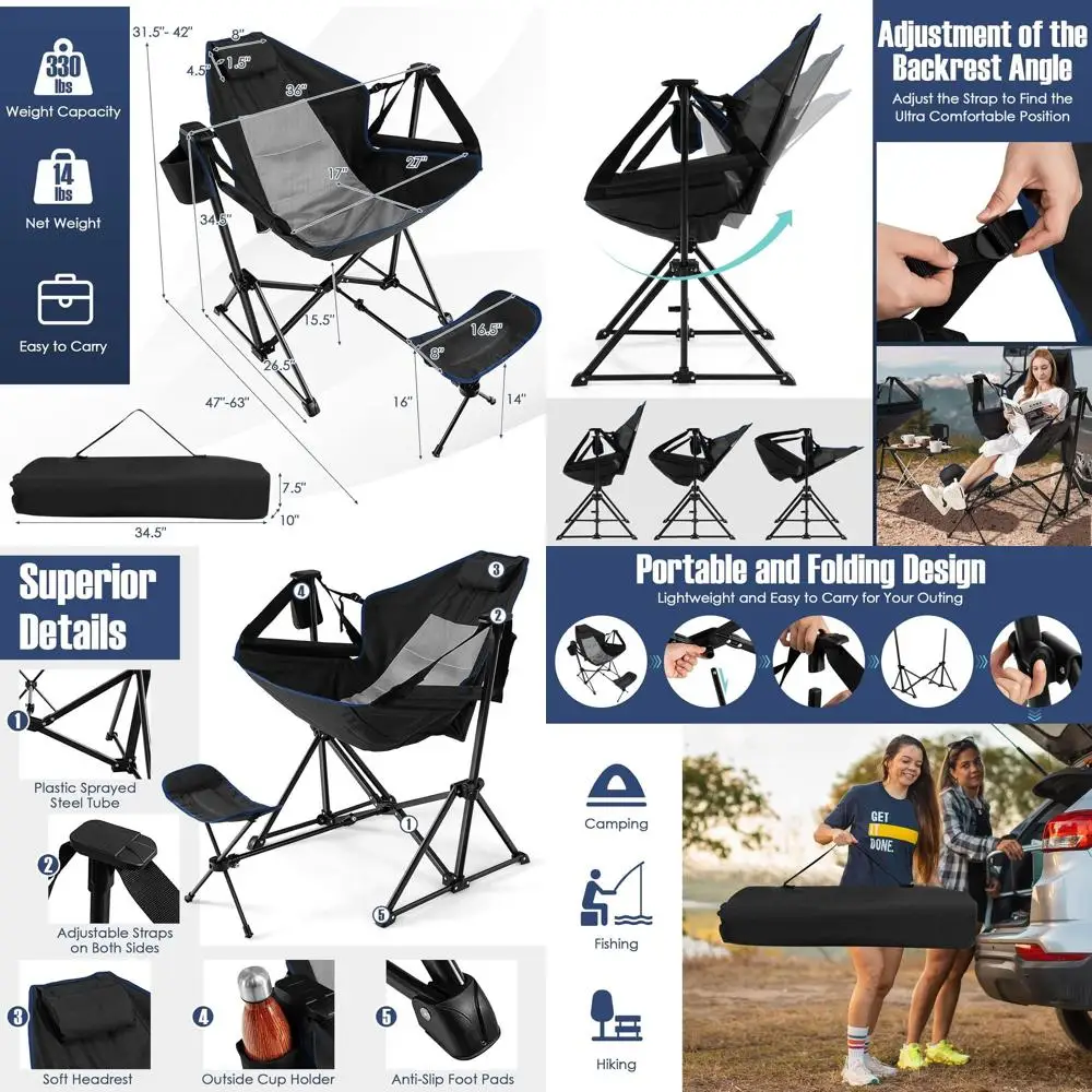 

Портативное уличное кресло-гамак - складное кресло-качалка со съемной подставкой для ног, регулируемой спинкой, подушкой, подстаканником и отсеком для хранения