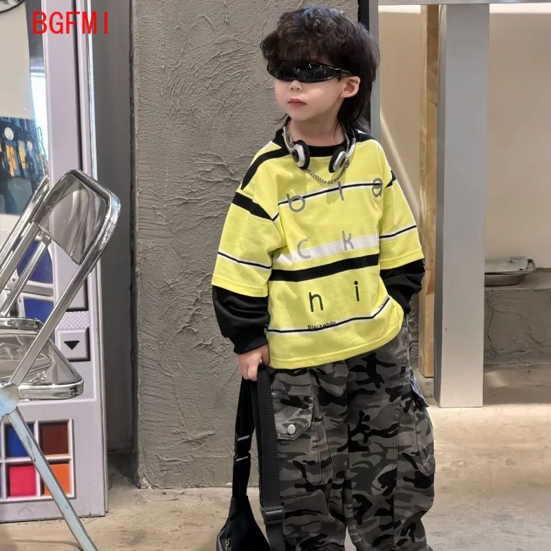Boys Letter Printed ‌False Two-piece Top Spring Autumn Long Sleeved Patchwork T-shirt + Camouflage Pants 2pcs Set Kids Outfit