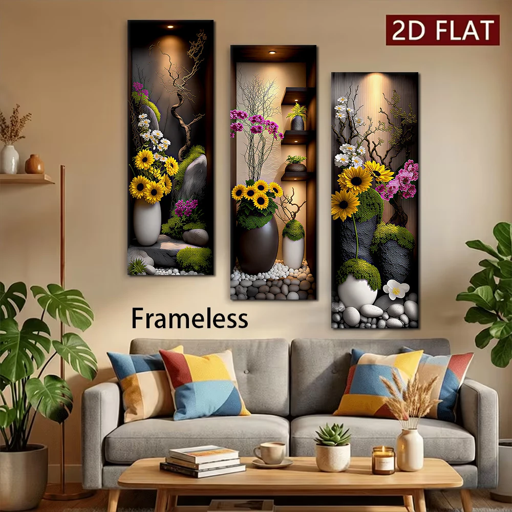 1 set of new Chinese style wall stickers, three piece painting, living room background wall decoration, simulation flower arrang