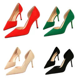 Big Size Fashion Women Daily Holiday Suede Green Red Pumps Lady 8.5cm High Heels Basic Pointed Toe Hollow Wedding Middle Heels