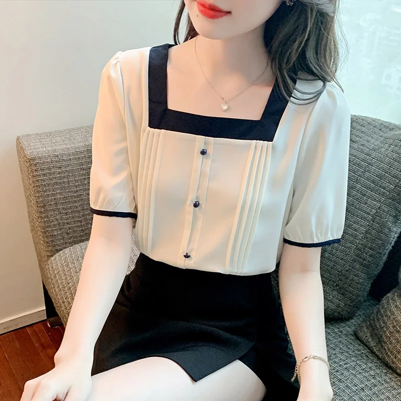 

Women Clothing French Vintage Blouse, Summer New, Loose Short Sleeve, Solid Fashion Shirt, Chic Striped Button Pullover Tops