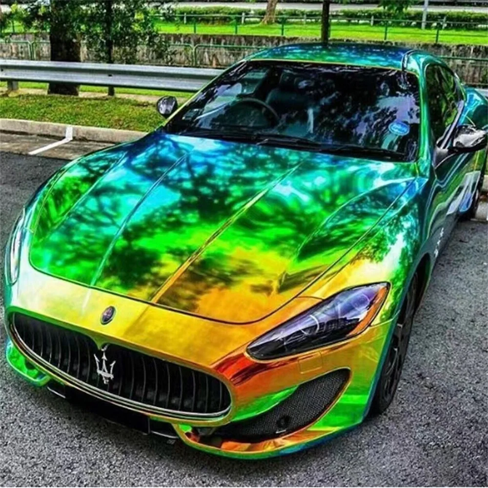 Premium PET Glossy Rainbow Chrome Green Gold Vinyl Wrap Film Waterproof Car Motorcycle Decals Auto Styling