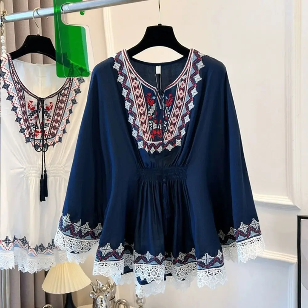 

Retro Lace-up Tassel Bohemian Style T-shirt Loose Embroidery Short Sleeve T Shirt High Waist Round Neck Ethnic Style Tops Summer