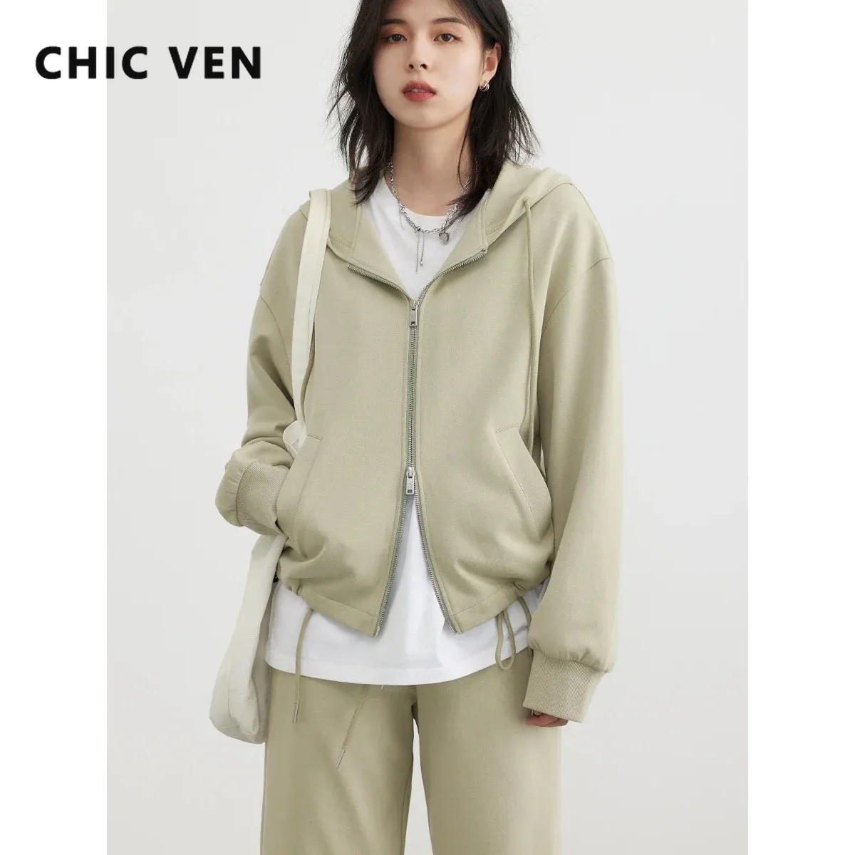 CHIC VEN Women Sweatshirt New Drawstring Sweater Coat Cotton Loose Female Tops Woman Sport Pants Autumn Spring 2023