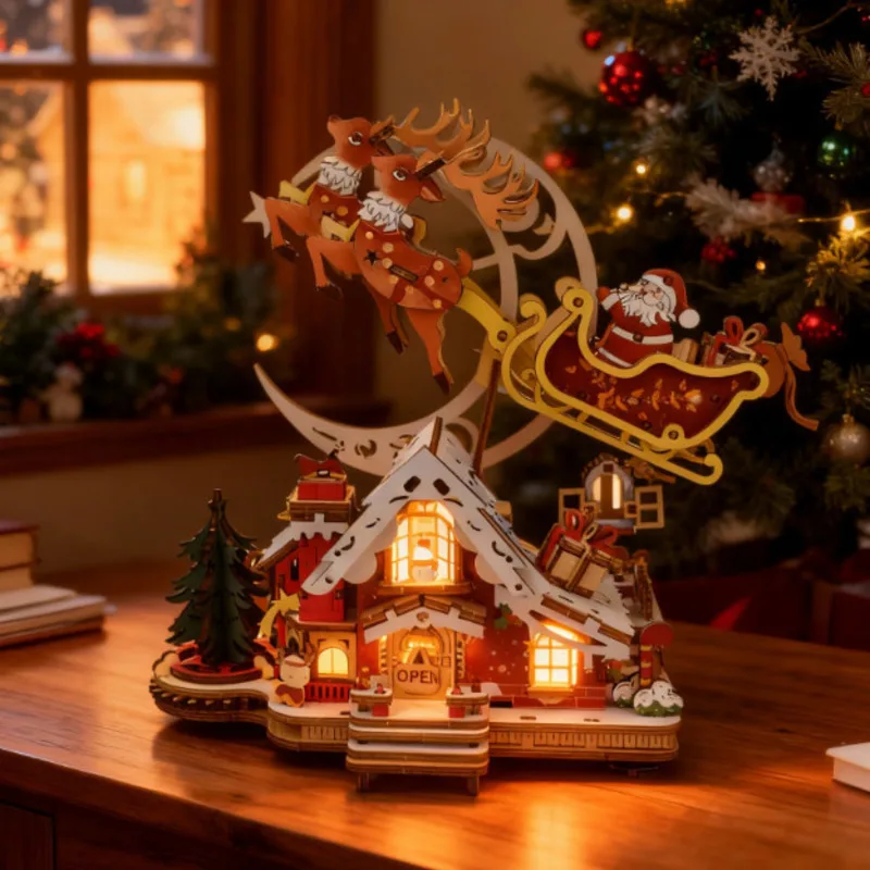 DIY Wooden 3D Puzzle Illuminated House Model Building Kit Christmas Santa Sleigh Craft Educational Toy For Birthday Gift