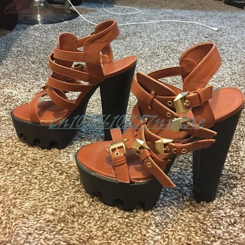 

Buckle Belts Hollow Elegant Brown Sandals Matte Leather Retro Style Chunky High Heel Fashion Women Shoes 2025 New Para Mujere