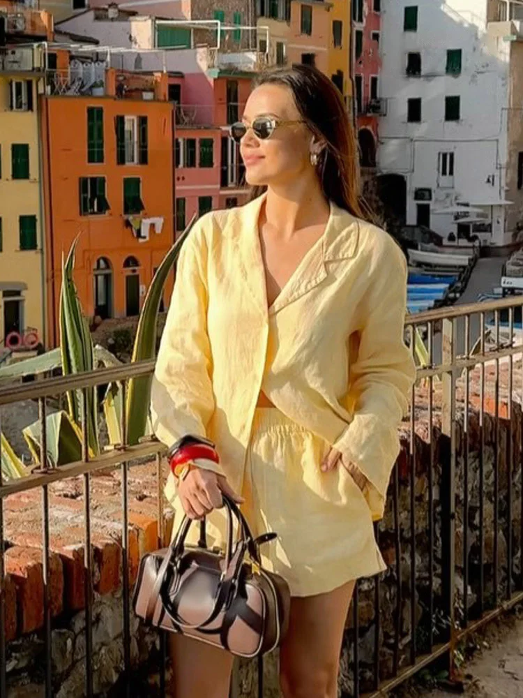 HH – short décontracté pour femmes, costume à revers, simple boutonnage, manches longues, petit haut + taille élastique, Design de poche, short élégant, été