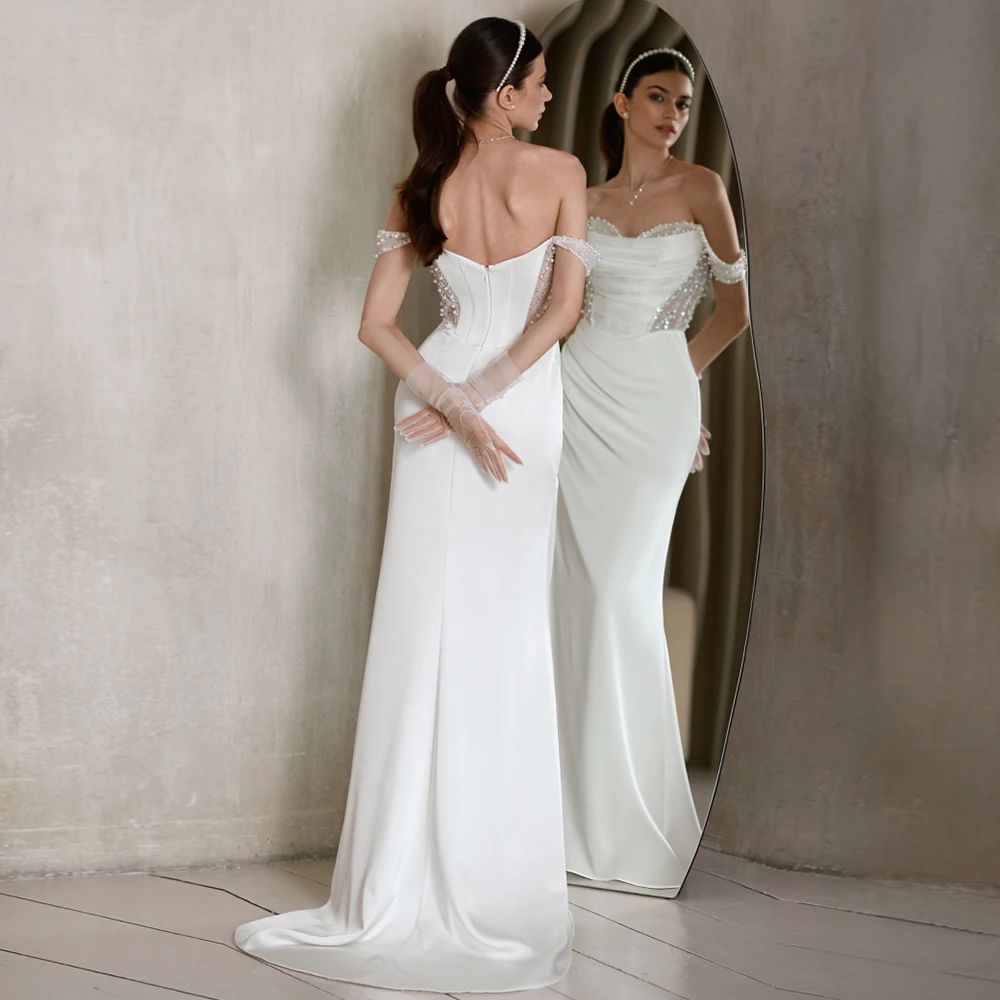 Luxury Dresses Women 2025 Wedding Satin Sheath/Column Wedding Party Dress White Off-the-shoulder Pearls Pleat Wedding Guest Gown