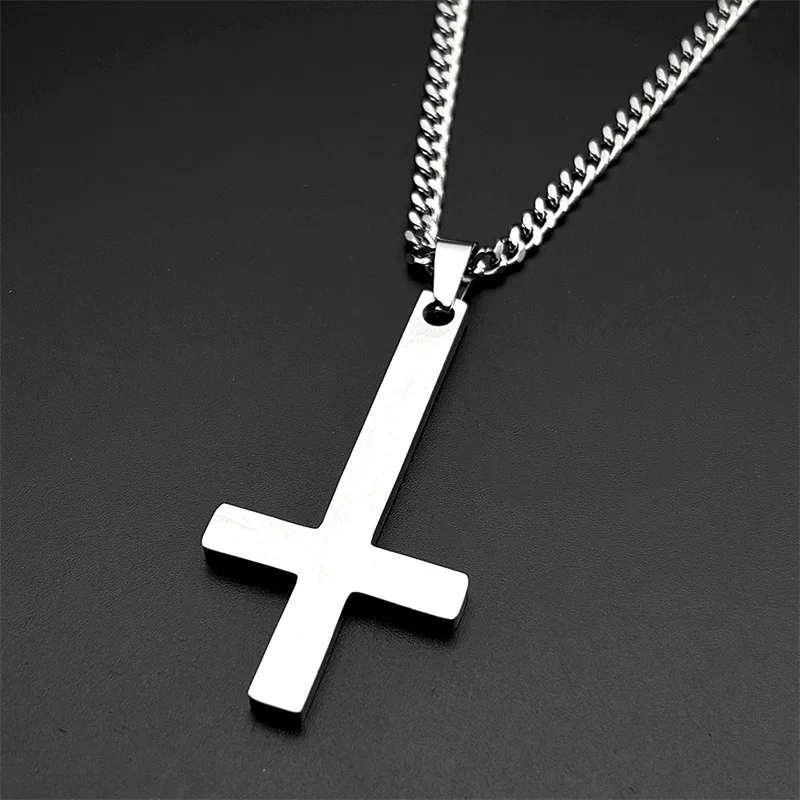 Stainless Steel Upside Down Cross Witchcraft Pagan Necklace for Women Men Inverted Cross Black Enamel Chain Necklace Jewelry