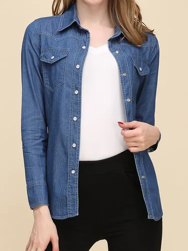 Imagen 1 del producto Otoño 2024 nuevas camisas y blusas de mezclilla para mujeres estilo coreano Top de manga larga Color azul o azul cielo Jeans blusas elegantes