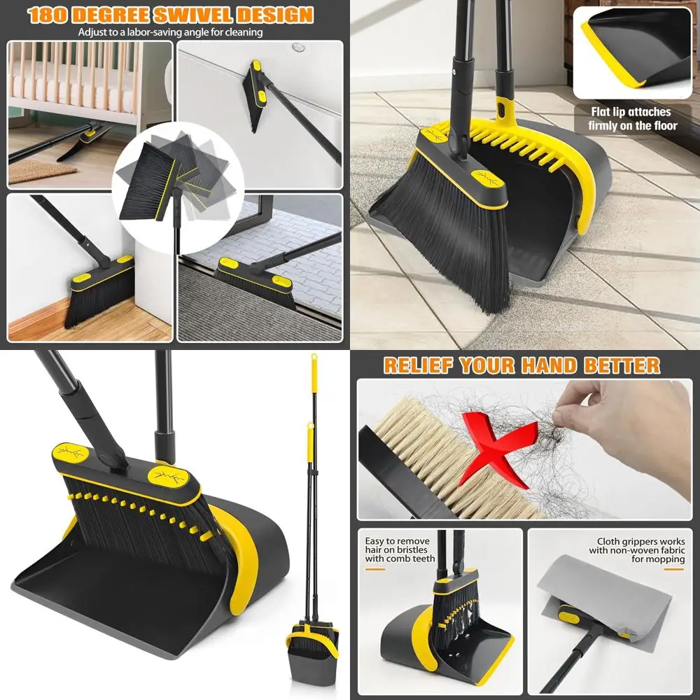 

Long-Handled Swivel Broom & Foldable Dustpan Set, 54.3 for Home Kitchen Cleaning (Black & Yellow)