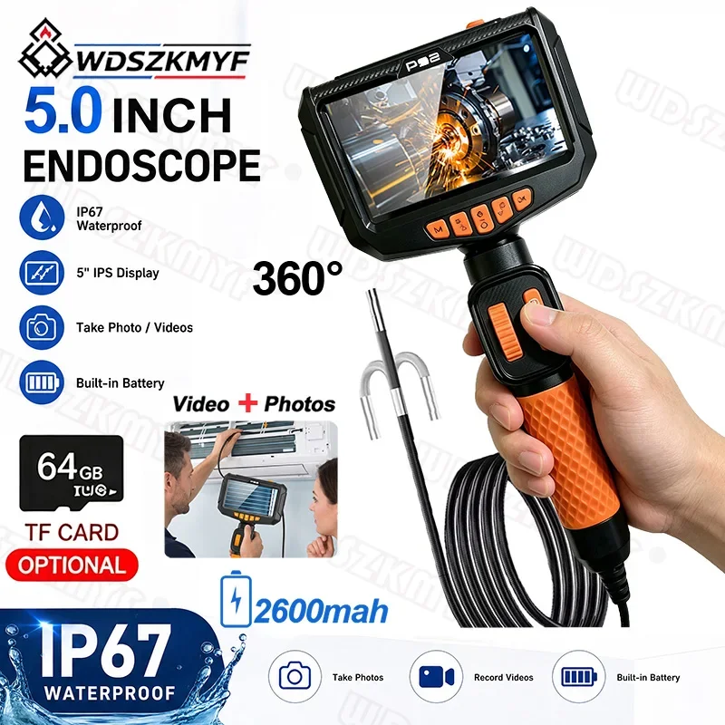 360 Articulating Borescope 1080P 6.0mm 5.0 inch IPS Monitor Industrial Inspection Camera With 2 Way Articulation For Automotive