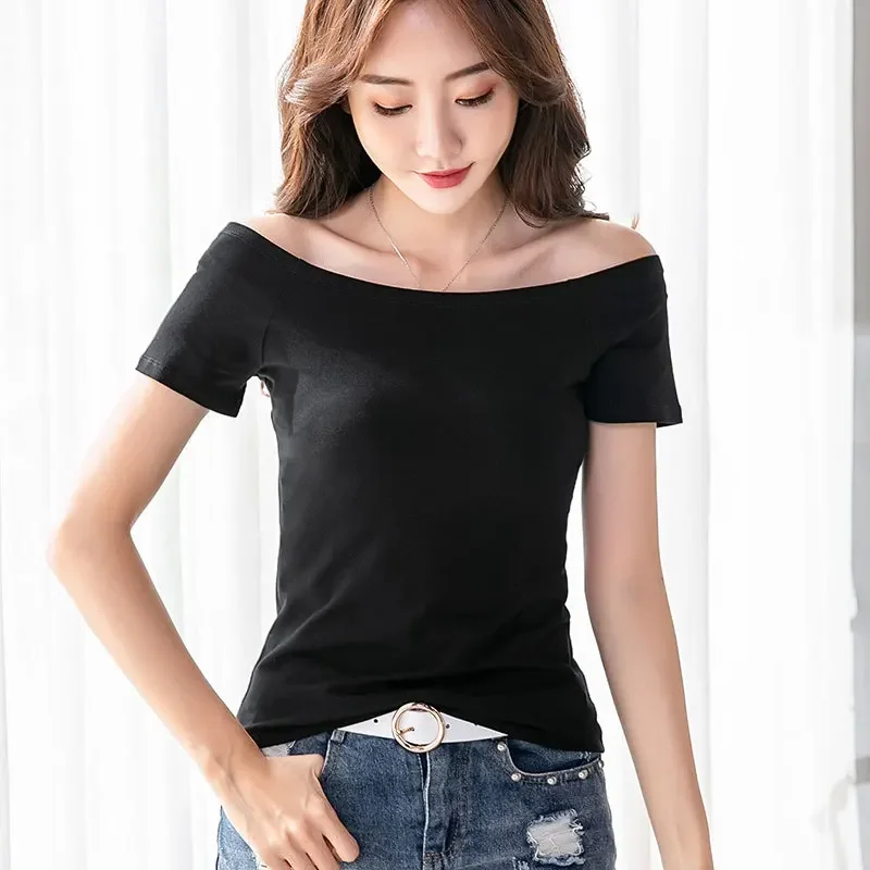 

MRMT 2024 Brand New Women's T Shirt Cotton Slim Fit Short Sleeve T-Shirt For Female Off Shoulder Tops One Line Neck Tshirt