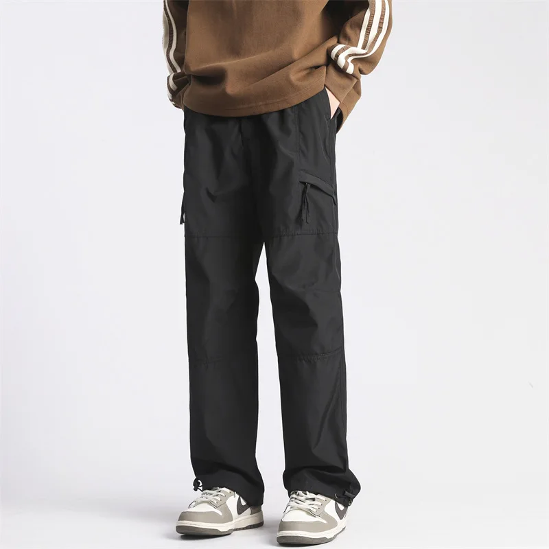 Cargo Pants Men Long Pant Solid Casual Loose Regular Pockets Zipper Splice Elastic Waist Straight Trousers Autumn Winter