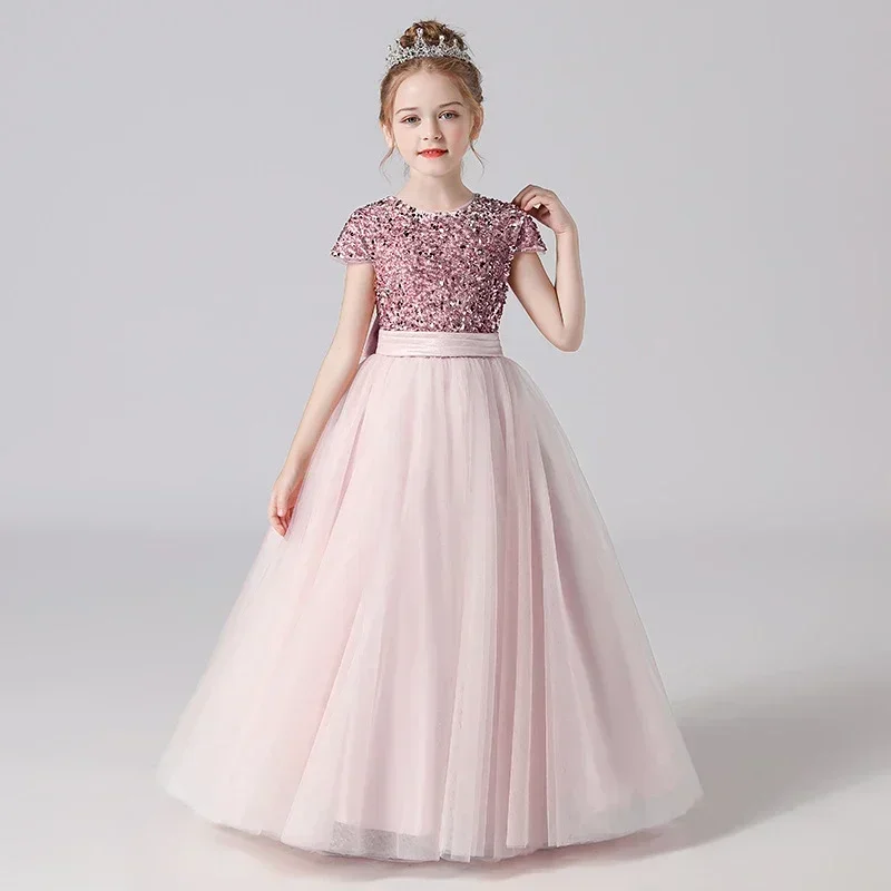 Elegant Girls Dress Bridesmaid Sequin Long Princess Dresses Flower Elite Girl Formal Gowns 5 10 14 Yrs Children Evening Vestidos