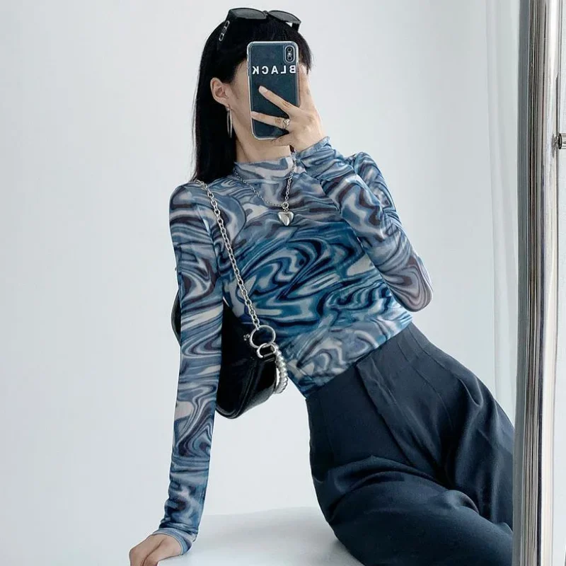 เสื้อยืดผู้หญิงคอเต่าวินเทจเชียร์ฮอตสลิมกันแดดแขนยาวแฟชั่นสไตล์อเมริกันสตรีทแวร์ออลแมตช์ อิน