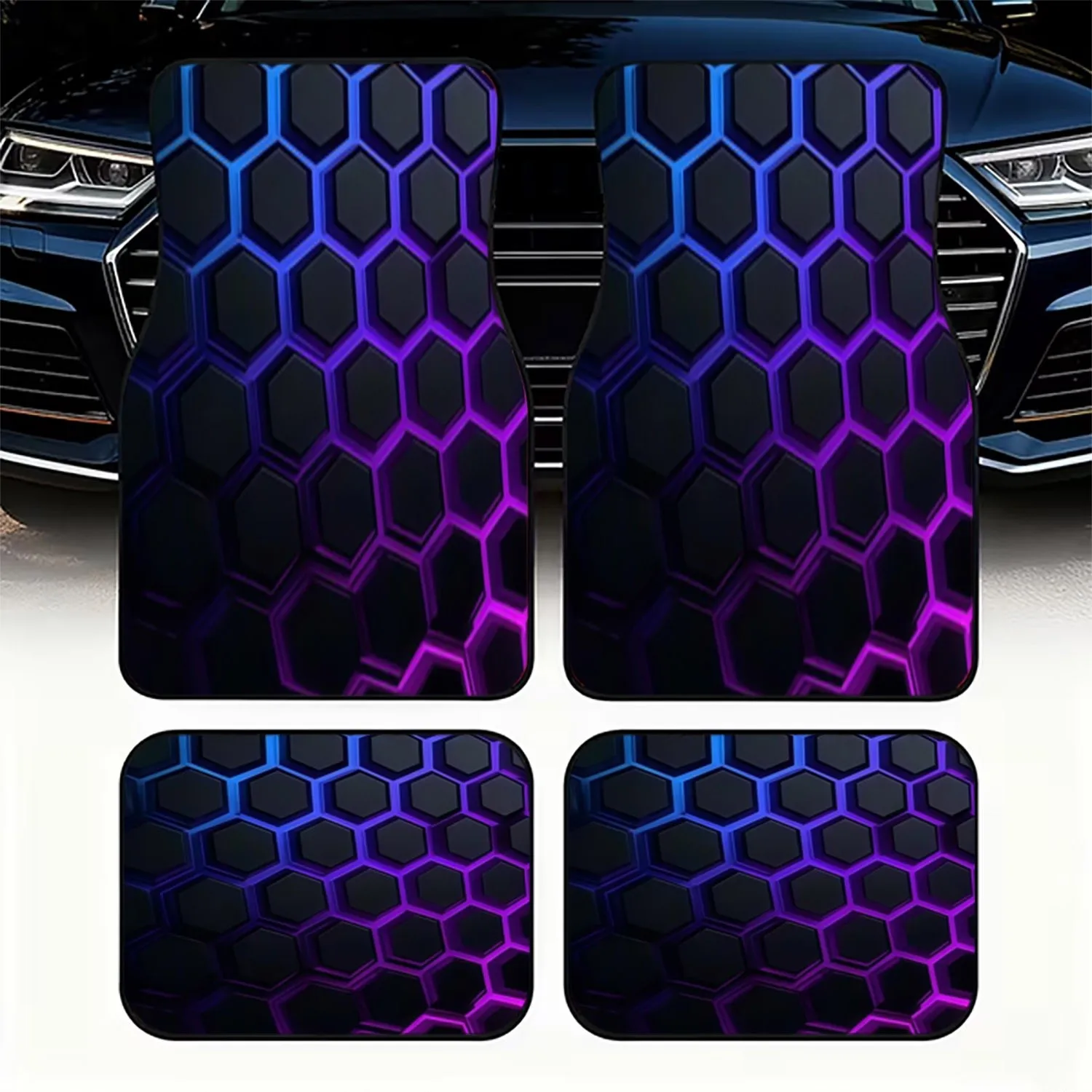 Four-Piece Car Floor Mats, Featuring Futuristic Hexagonal Grid Texture, High-Quality Materials, Combined With Dazzling Neon Blue