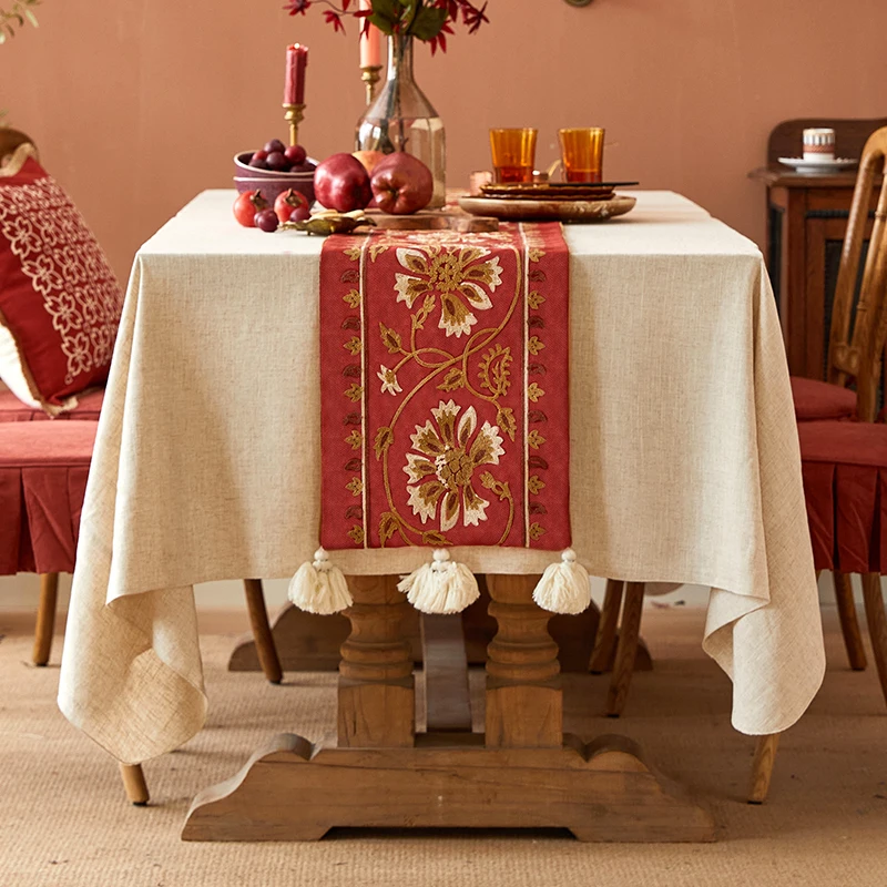 luxury Nordic dining table long fringed cover cloth red tassel embroidery coffee table side cabinet table runner
