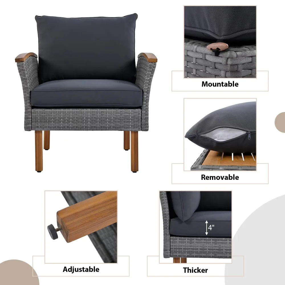 9-Piece Garden Rattan Furniture with Acacia Legs and Tabletop, PE Rattan Combination Sofa Set